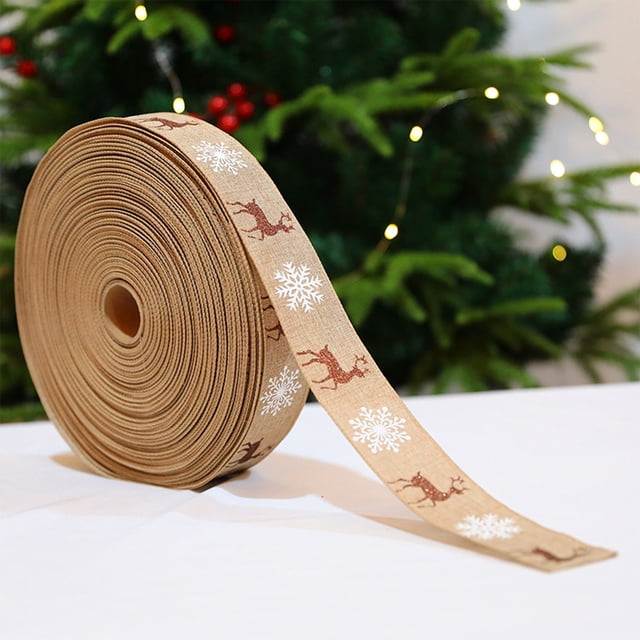 Christmas Ribbon with Reindeer and Snowflake Print | 2 Meter Linen Wired Ribbon for Gift Wrapping, Bows, and Holiday Decorations | Crafting and Party Supplies for Home and Seasonal Events
