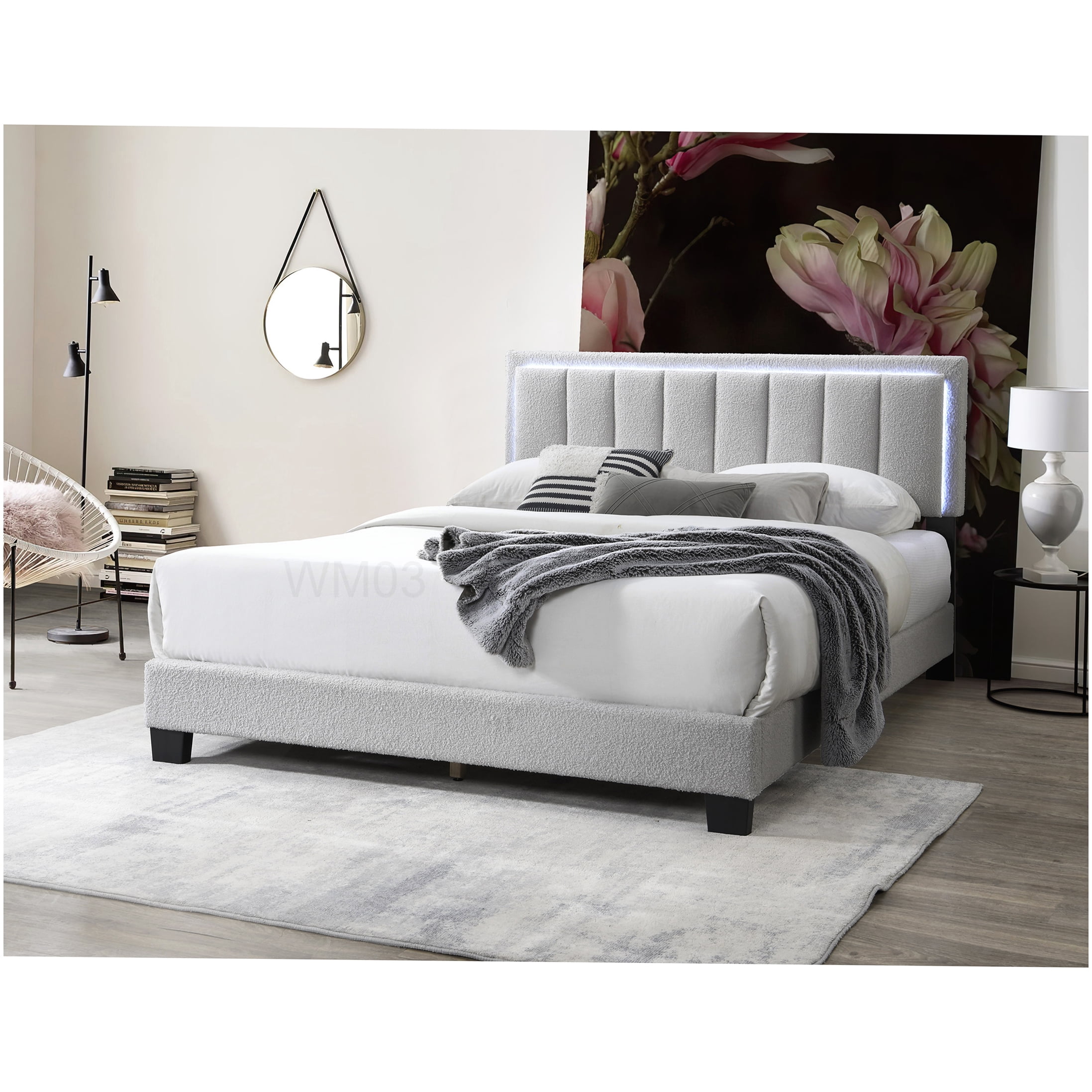 Modern Light Gray Upholstered Queen Bed with LED Lights, Channel Tufted Headboard Platform Bed Frame, No Box Spring Required