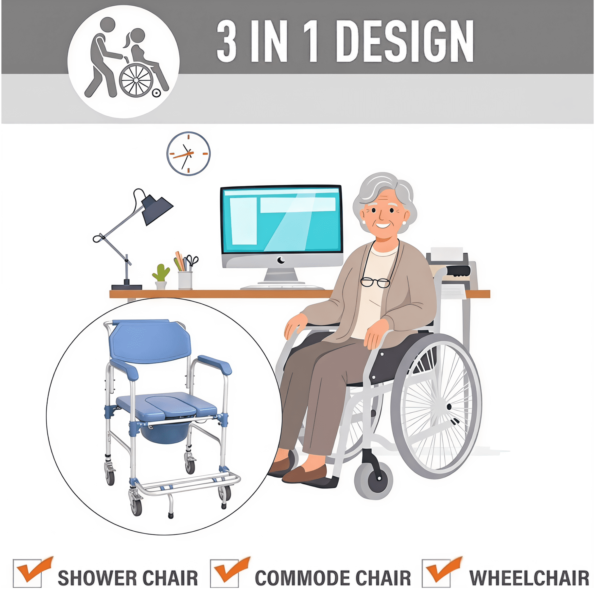 Qunbio Rolling Shower Chair, 330 lbs Load Bedside Commode w/Casters and Padded Seat, Rolling Transport Chair Lockable Wheelchair Bedside Toilet Seat