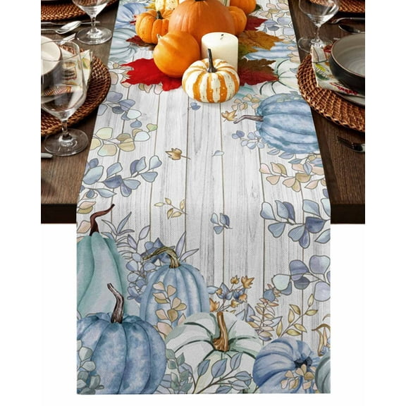 Fall Table Runner Thanksgiving Blue Pumpkins Table Runners Watercolor Eucalyptus Leaves Wood Cotton Linen Dresser Scarf Kitchen Dining Table Decor for Fall Holiday Party Decor 13x36 Inch