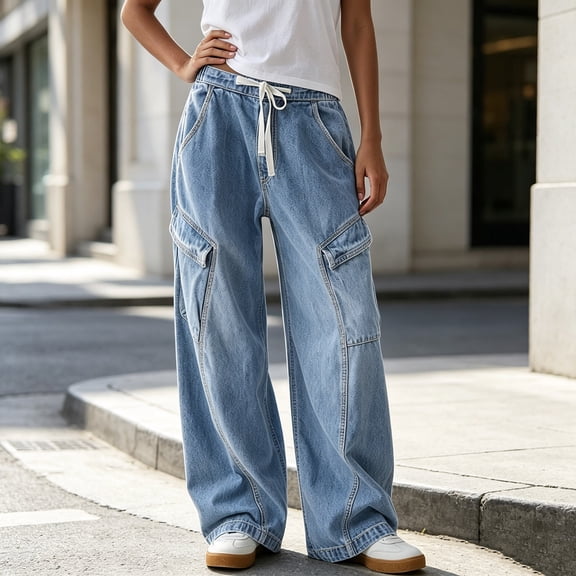 sdhkgrrt Women's Wide Leg Drawstring Jeans Casual Loose Flowy Pants with Pockets Streetwear Long Trousers Travel Work Outfits Fall Clothes, Blue L