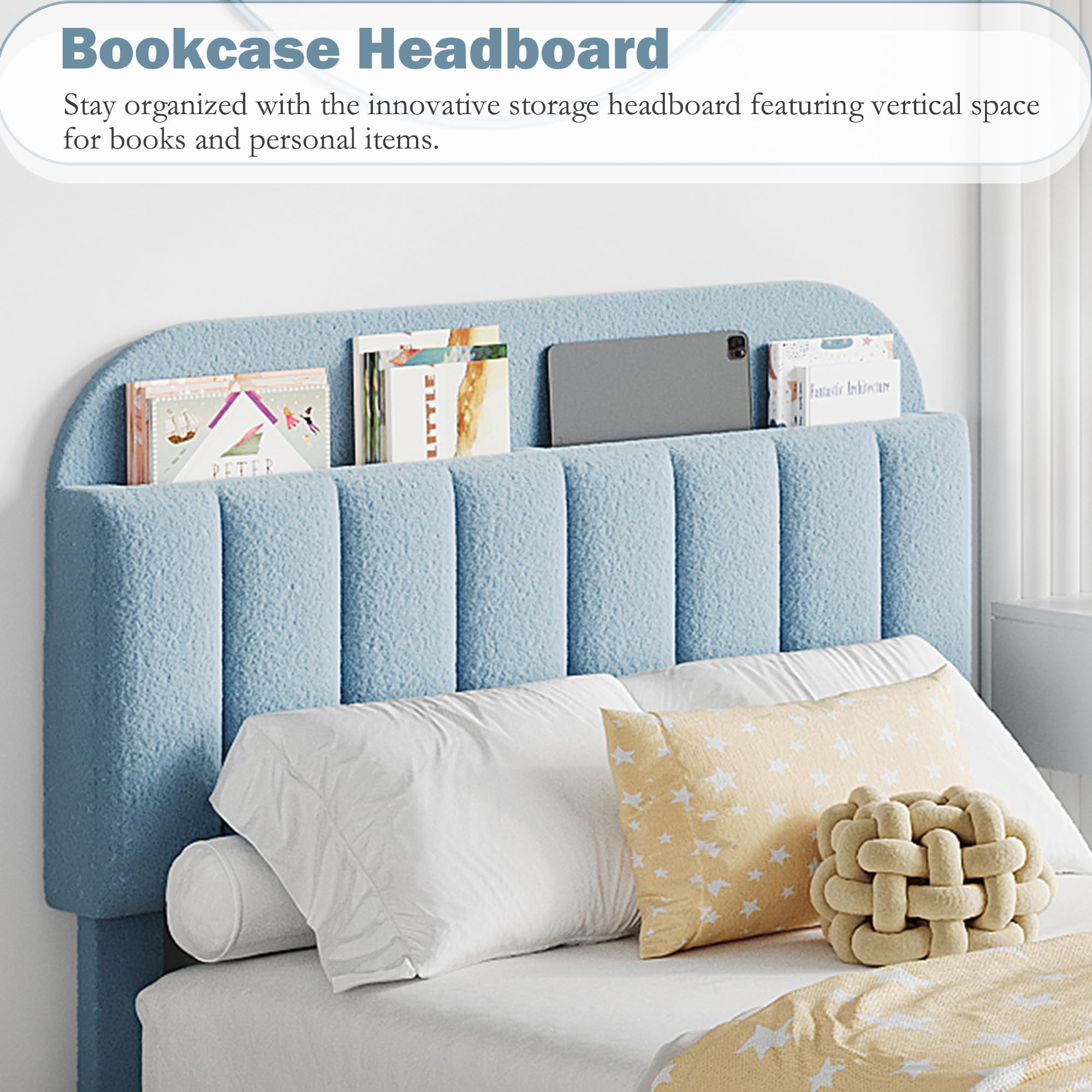 Upholstered FULL Platform Bed, FULL Size Bed Frame with Storage Underneath and Headboard, Wood Platform Bed for Bedroom (Blue)