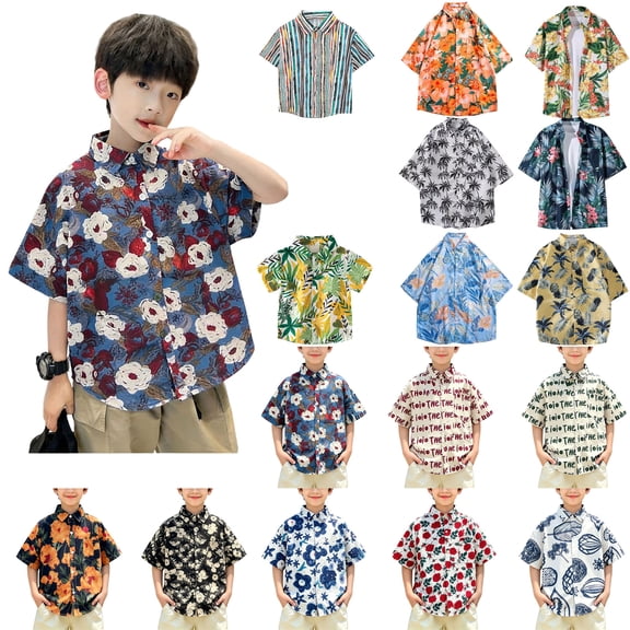 Rvasteizo Shirts for Boys Girls Fashion Print Lapel Chest Pocket Breathable Short Sleeve Shirt Top for Boys Girls