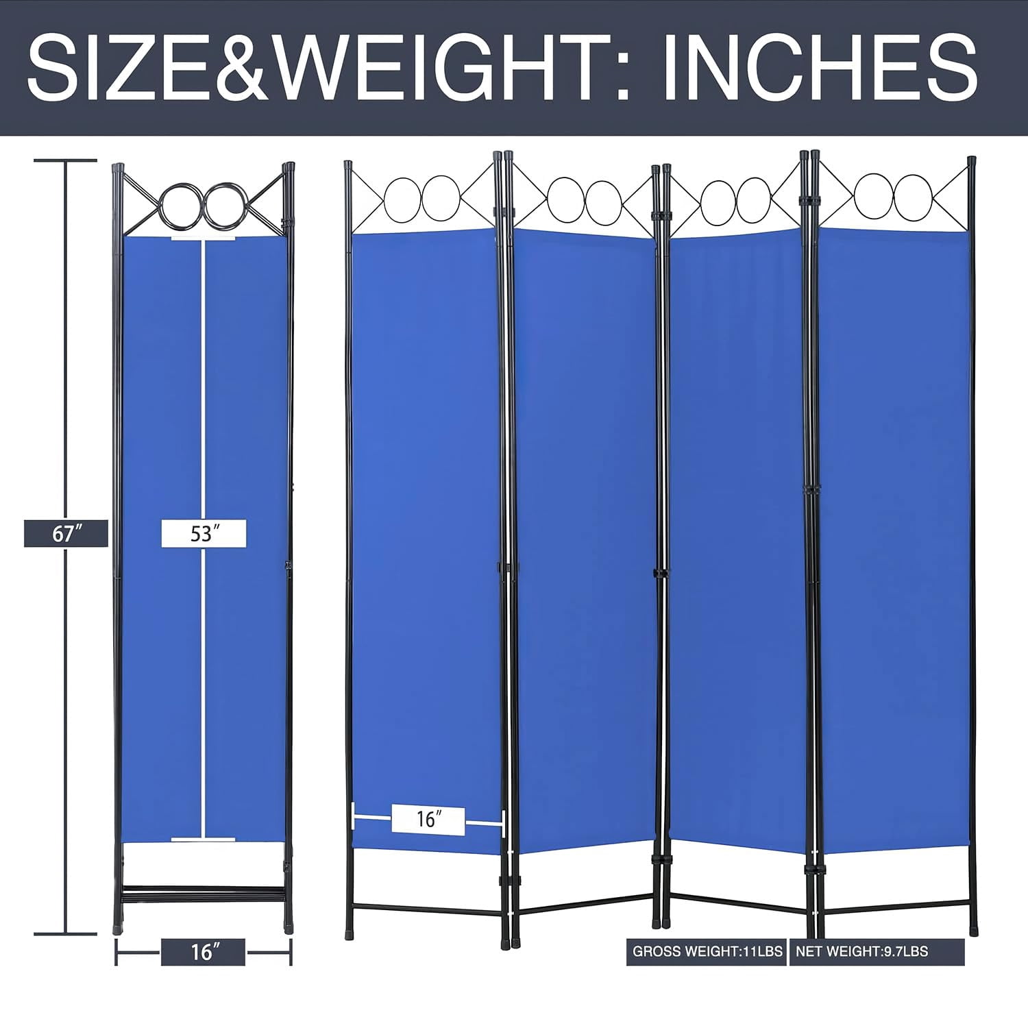 BIQWBIC 4-Panel Room Dividers and Folding Privacy Screens, 6.8 Ft Fabric Partition Screen, Blue