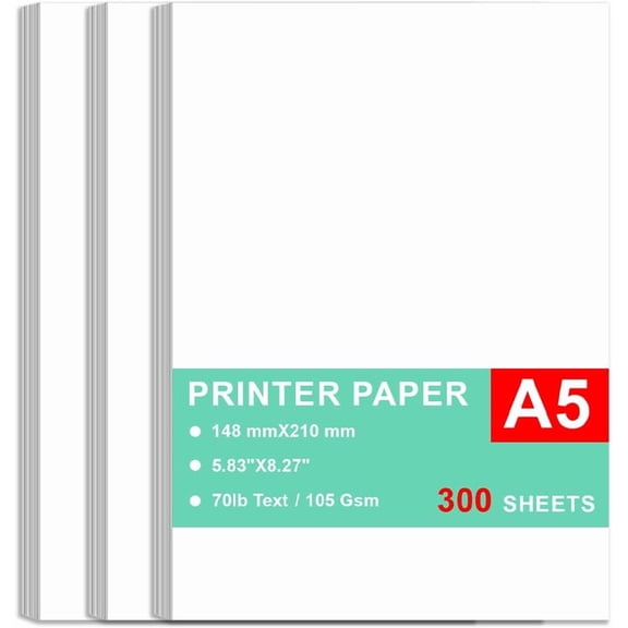 Printer Paper - 300 Sheets A5 Premium Bright White Paper 28lb Bond / 70lb Text (105 gsm) Bright White Paper – Great for Copy Printing Writing 5.83" x 8.27" (148 x 210 mm)