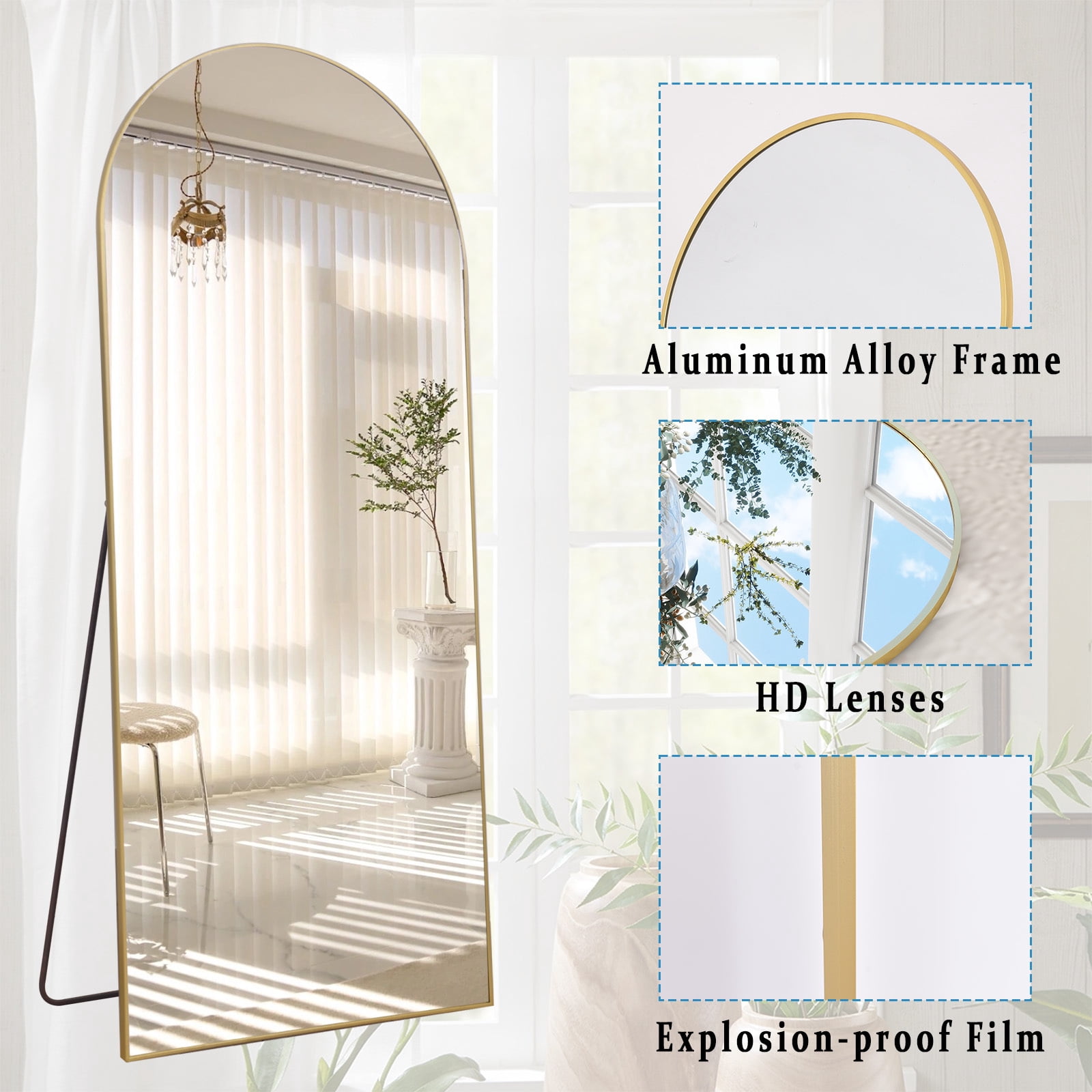 Anyrose 34"x76" Full Length Mirror with Arch-Top Standing Mirror Wall Mounted, Gold
