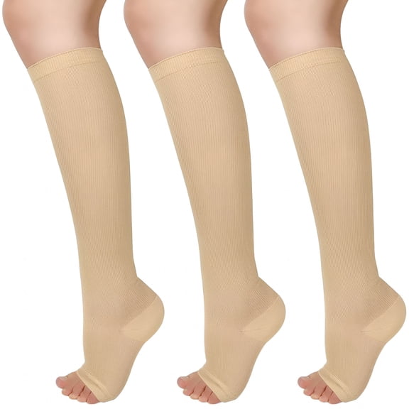 XIRQI 3 Pairs Open Toe Compression Socks Women Knee High Toeless 15-25 Mmhg Toeless Compression Socks Women