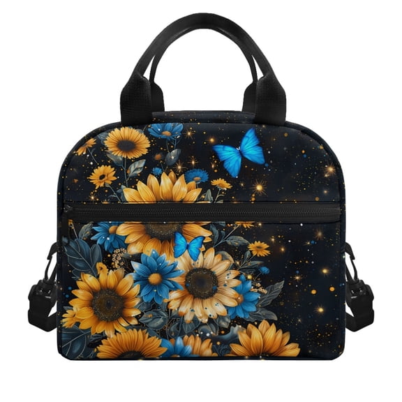 HUIACONG Lunch Bag with Sunflower Butterfly Pattern, Insulated Lunch Tote with Aluminum Film Material, Dirt Proof Front Pocket for Camping and Outdoor Trips