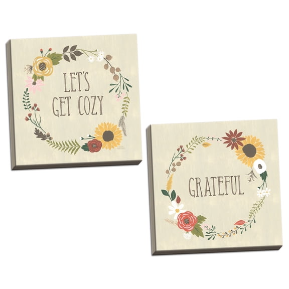 Gango Home Decor Cottage Autumn Garden Grateful & Lets Get Cozy by Laura Marshall (Ready to Hang); Two 16x16in Hand-Stretched Canvases