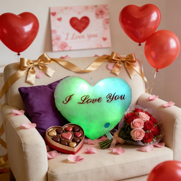 Almohada De Peluche 1Pcs Almohada en forma de corazón de 35 cm con luces LED de colores que brilla en la oscuridad para una decoración romántica y comodidad JASKFLY
