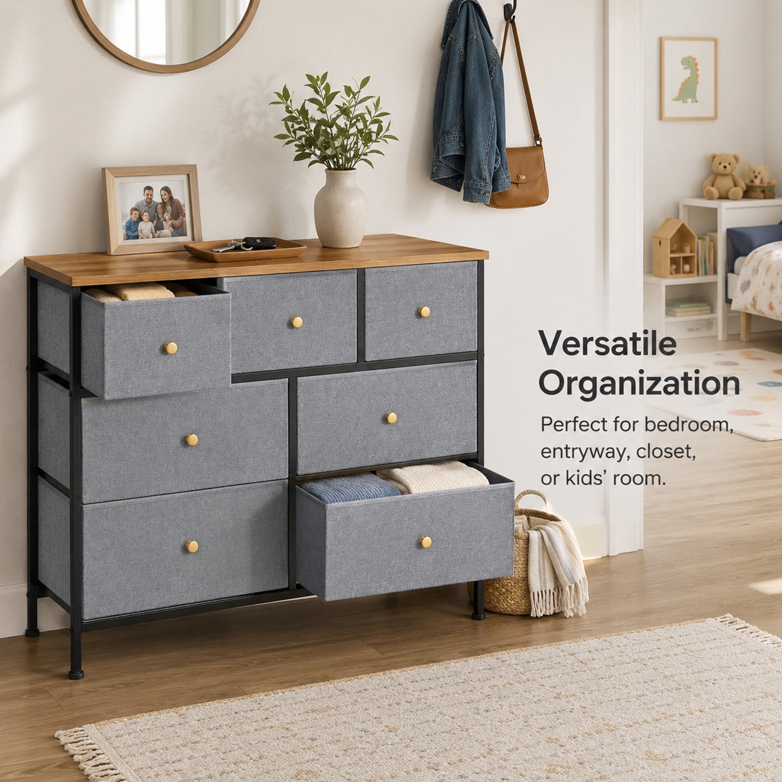 Alvantor 5/7 Drawer Fabric Dresser, Storage Tower for Bedroom and Closet, Chest of Drawers with Sturdy Steel Frame & Wooden Top for Living Room, Entryway