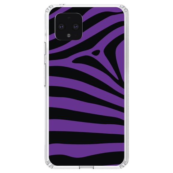 DistinctInk Clear Shockproof Hybrid Case for Google Pixel 4 (5.7" Screen) - TPU Bumper, Acrylic Back, Tempered Glass Screen Protector - Black Purple Zebra Skin Stripes