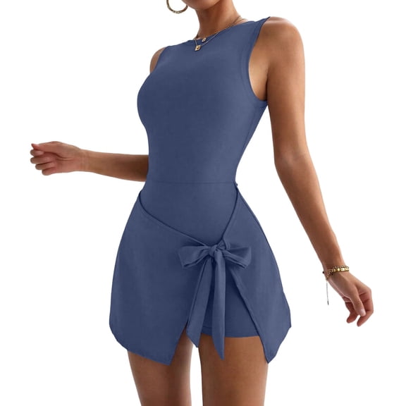 QSAWXQZ Women's Sleeveless Tie Waist 2-in-1 Active Dress Built-in Shorts Crew Neck Slim Solid Stretchy Tennis Golf Workout Dress Blue XL