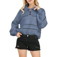 thumbnail image 2 of Women'S Slouchy Waffle Knit Sweater 1/2 Button Collared Pullover Striped Sweater Tops Blue XXL, 2 of 8