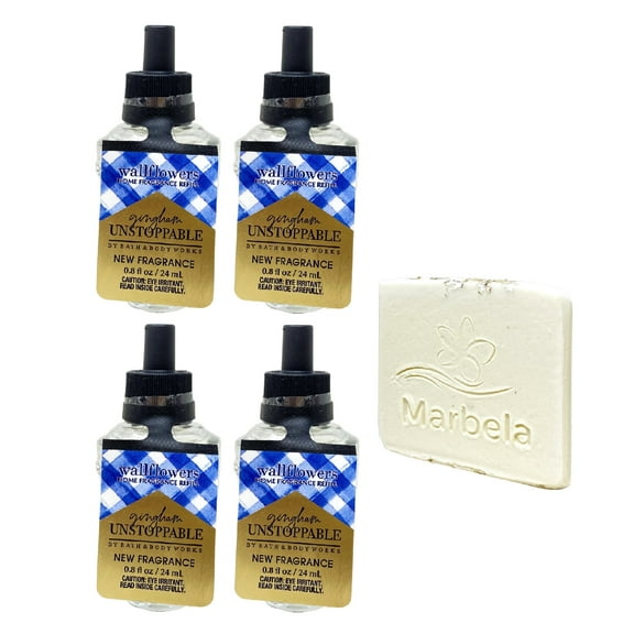 Bath & Body Works Gingham Unstoppable 4 Pack Wallflowers Fragrance Refills with a Marbela Natural Oats Sample Soap