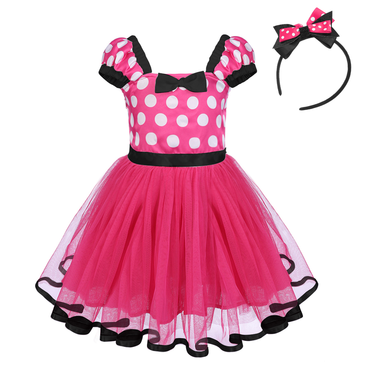 IBTOM CASTLE Toddler Girls Polka Dots Princess Party Cosplay Pageant Fancy Dress up Birthday Tutu Dress + Ears Headband Outfit Set 18-24 Months Hot Pink + Black - image 2 of 6