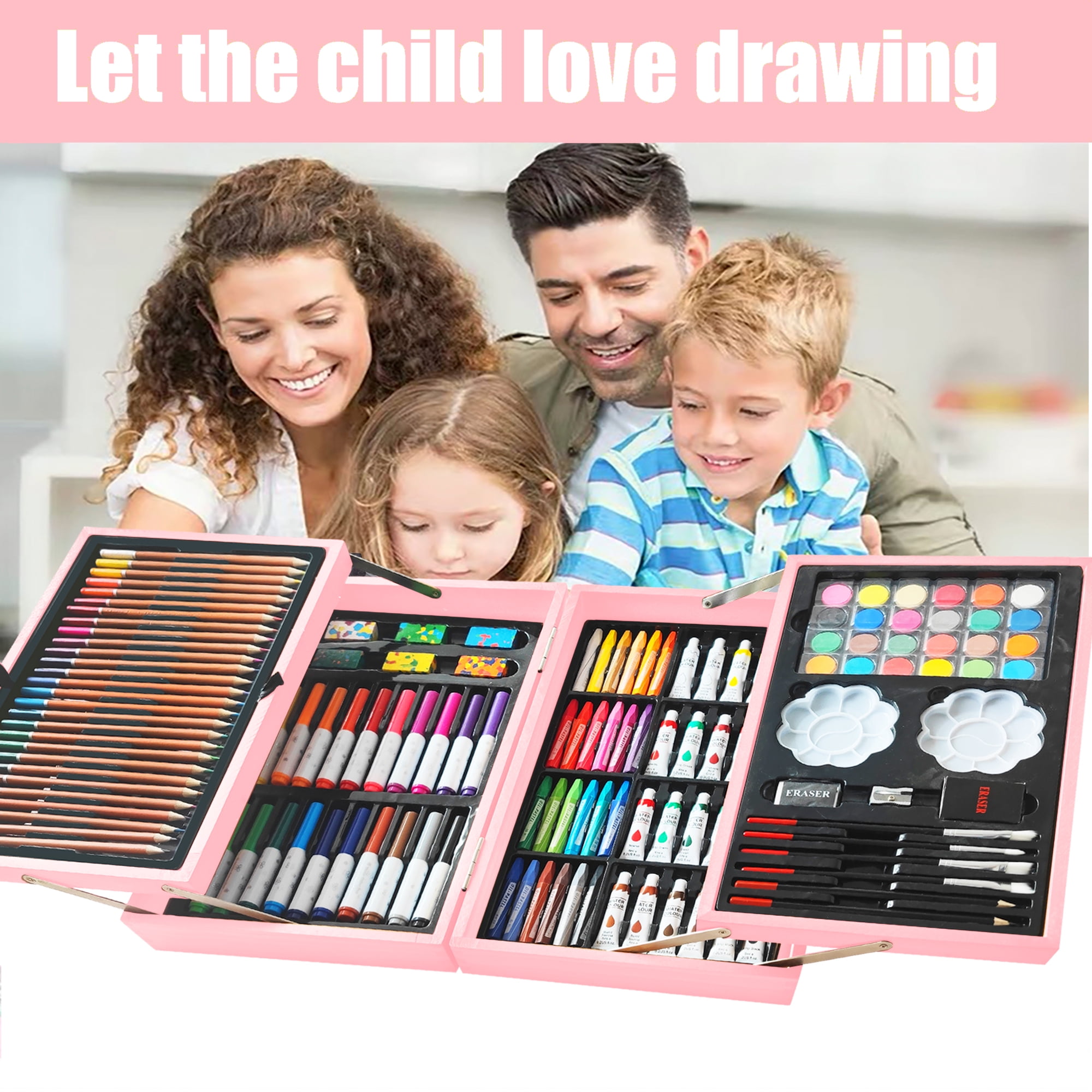 KINSPORY 139 pack Deluxe Portable Double Layers Wooden Coloring Drawing Kit with Sketch Pads, Art Set Gift for Artist Adults Beginners Kids (Pink)