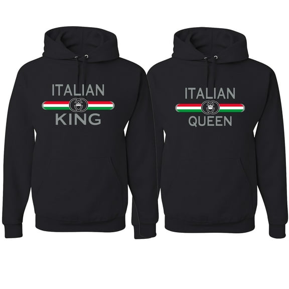 Wild Bobby, Italian King Queen Classic Italy Pride His and Hers Matching Couples Hoodies Sweatshirt Set, Black, Mens S-Womens S