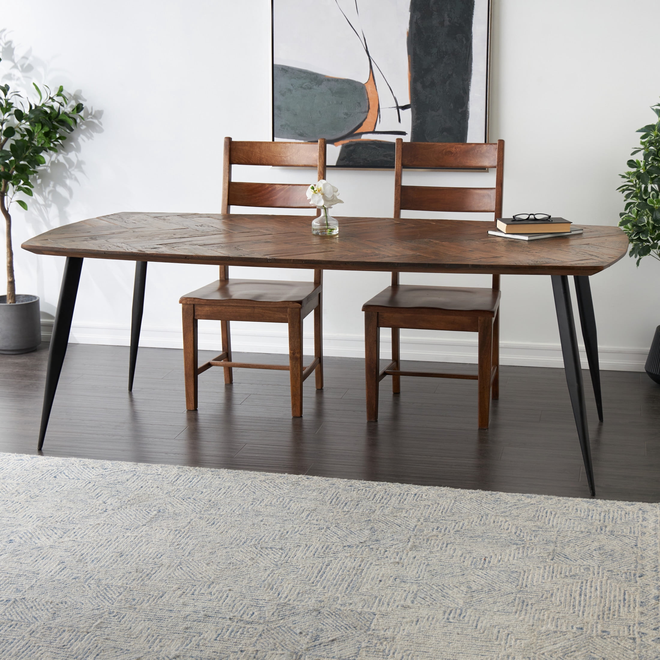 DecMode 84" x 30" Brown Teak Wood Modern Live Edge Dining Table with Black Metal Legs, 1-Piece
