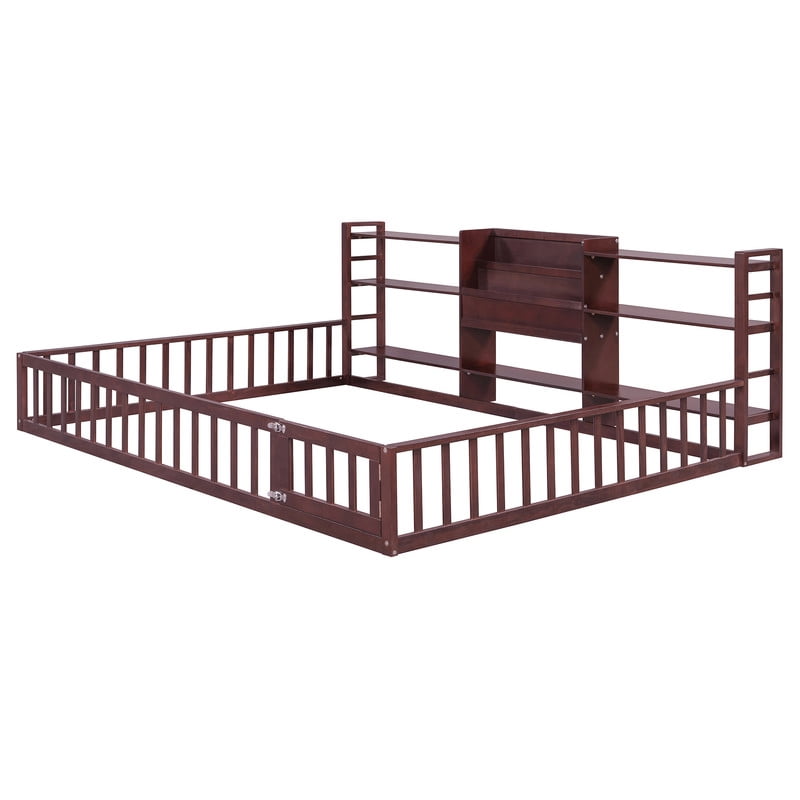 Queen Size Floor Bed Montessori Bed with Integrated Bookcase and 3-Tier Storage Shelves, Wooden Low Profile Toddler Bed Platform Bed with Safety Guardrails for Boys Girls