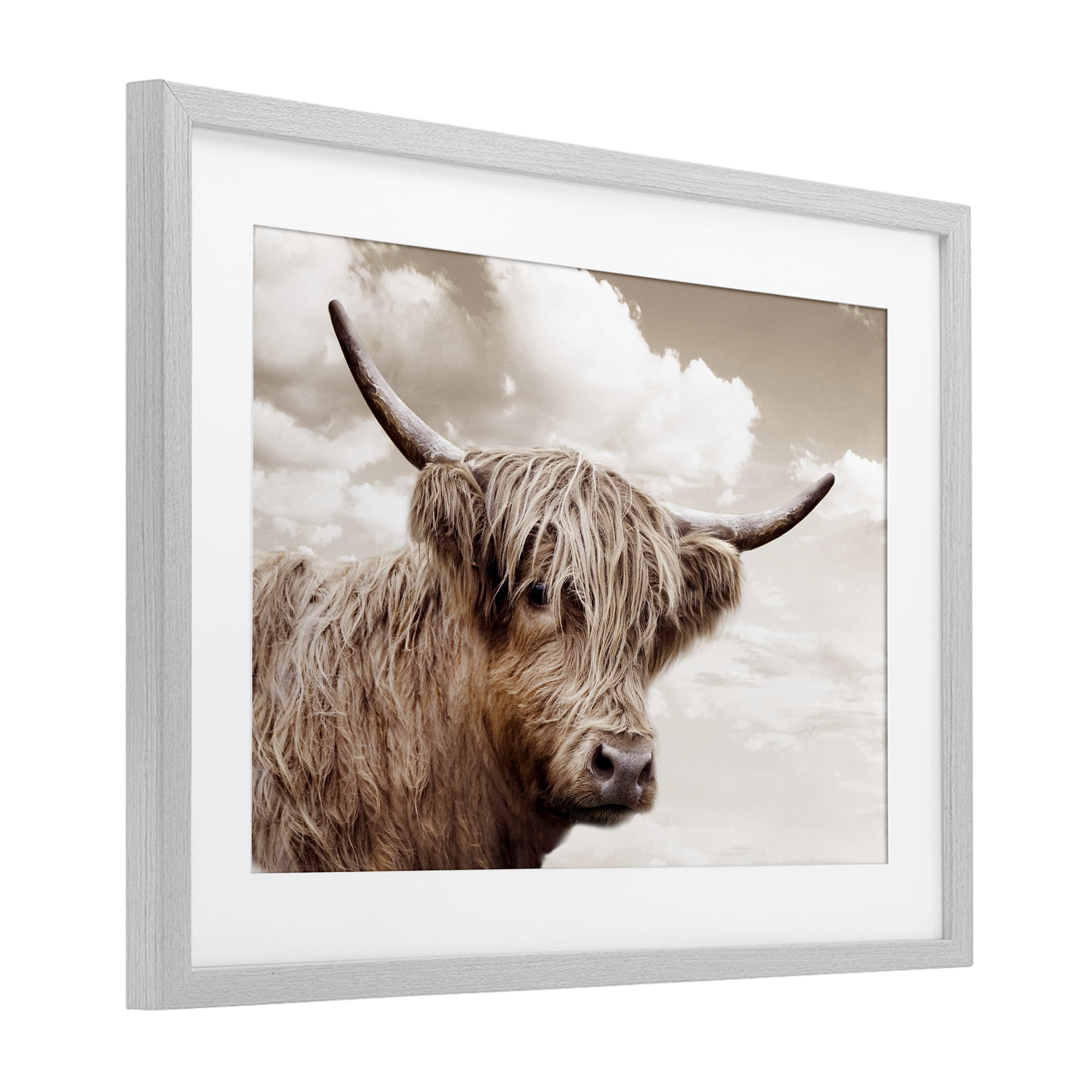 Stupell Industries Shaggy Highland Cow & Clouds Gray Framed Print Under Glass, design by CAD Designs
