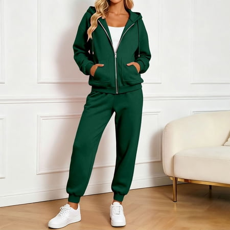 Huowey Womens Sweatsuits 2 Piece Set Fall Loungewear Outfits Zip Up Hoodie And Pants Long Sleeve Cozy Vacation Clothes Dark Green M