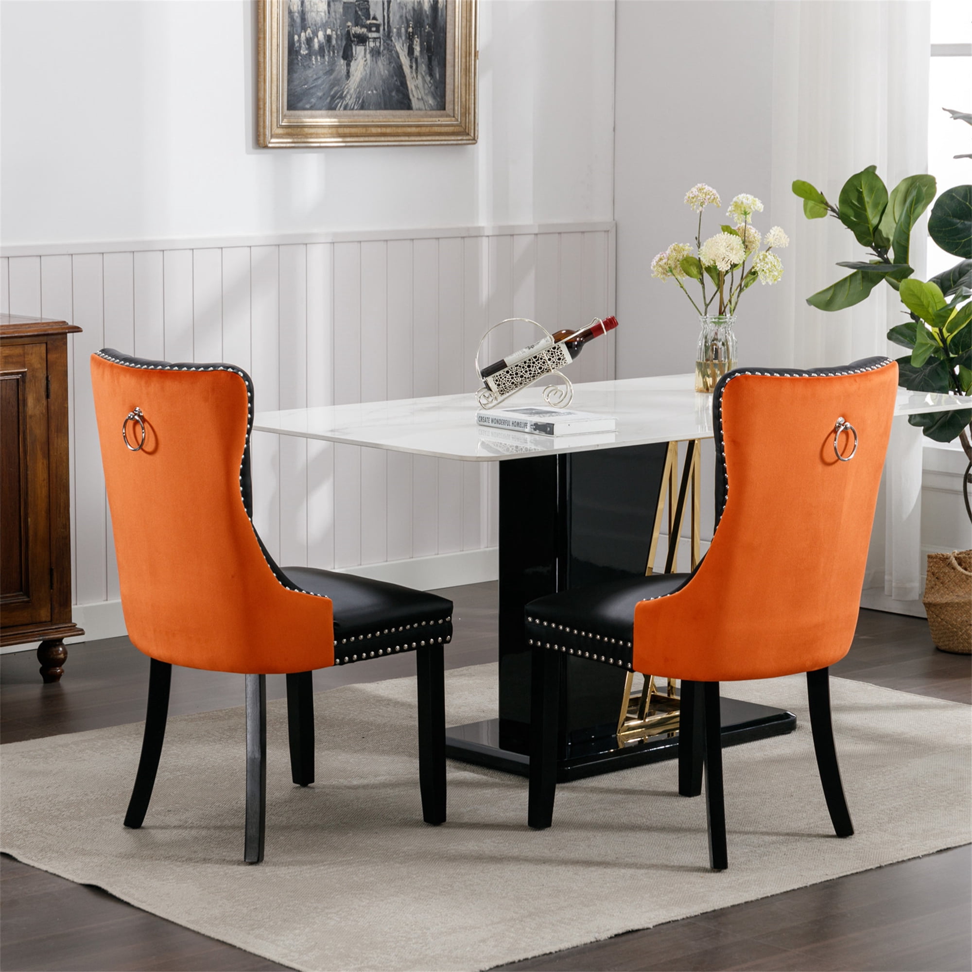 Miniyam Dining Chair Set of 2, High-end Tufted Contemporary PU and Velvet Upholstered, Black+Orange