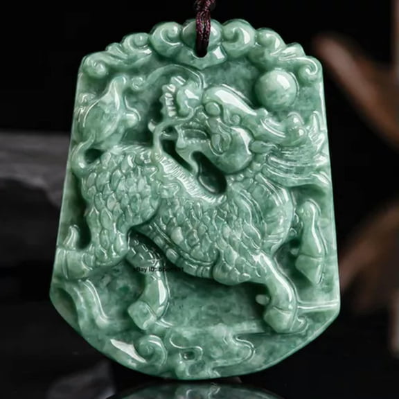 HOOUN 100% Natural Jadeite Grade A Green Jade Lucky Cloud Kylin Carved Pendant