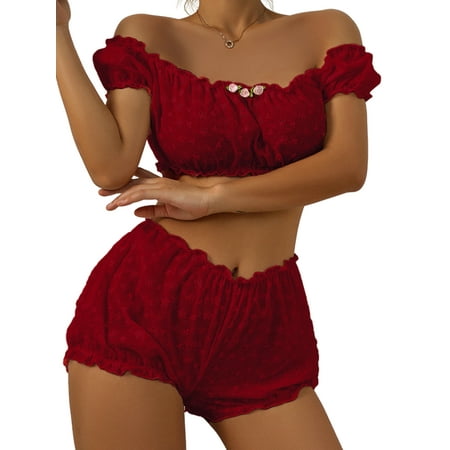

Eloshman Women Pjs Off-Shoulder Outfits 2 Pieces Cute Pajama Sets Floral Ladies Sheer Babydoll Transparent Embroidery Wine Red S