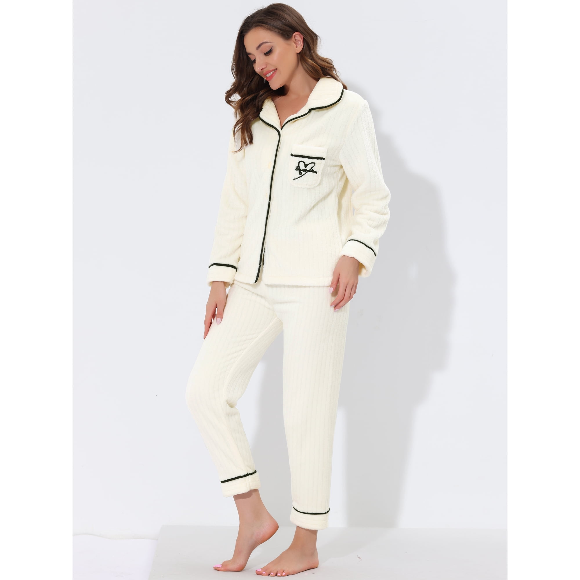 Sleepwear Flannel Button Down Lounge Winter Long Sleeve Pajama Sets White M