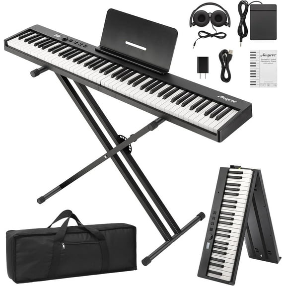 Folding 88-Key Piano Keyboard, Portable Full-Size Digital Piano with Stand, Sustain Pedal, Headphones, Carry Bag, Bluetooth & USB MIDI, Ideal for Beginners and Adults