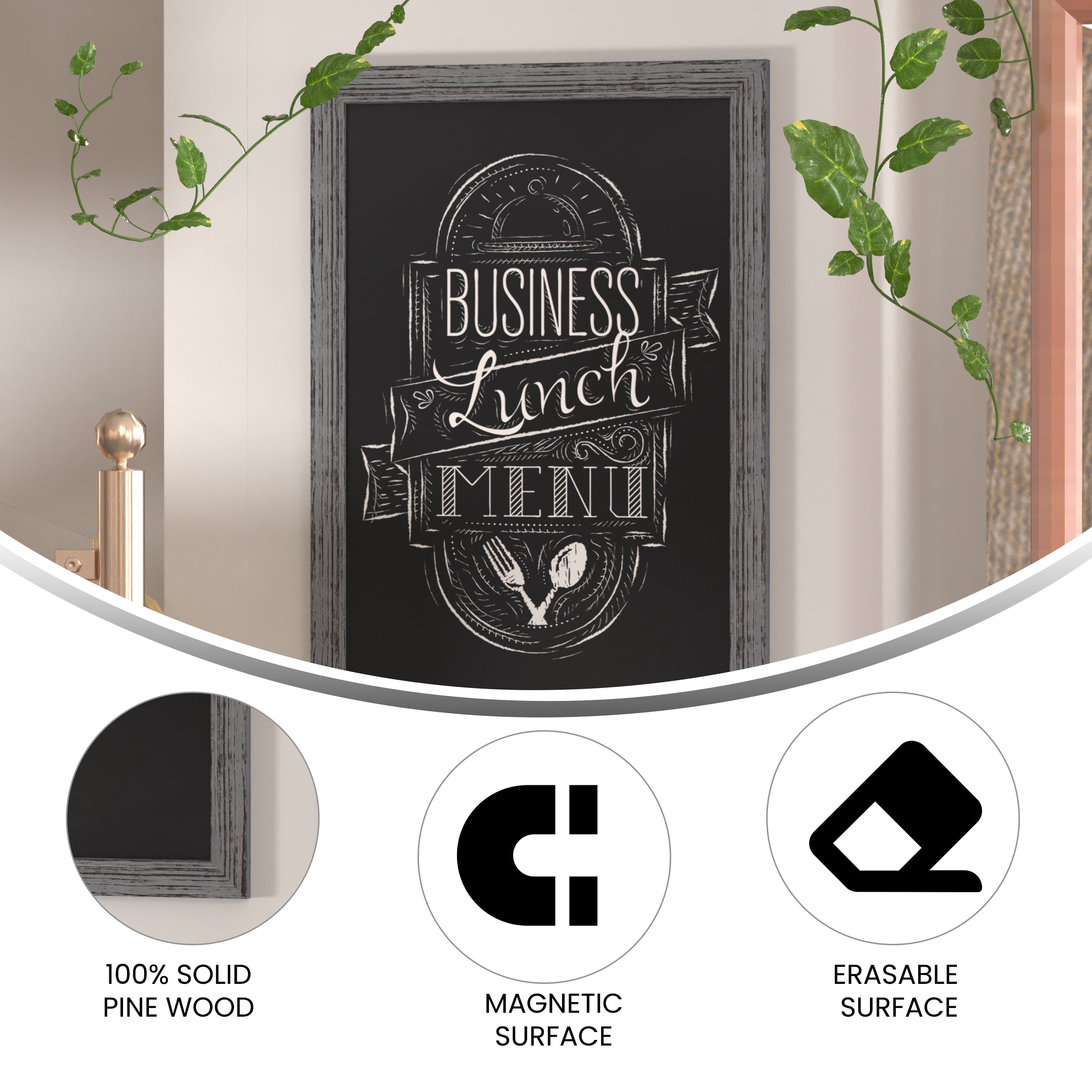 Flash Furniture Canterbury 24" x 36" Rustic Gray Wall Mount Magnetic Chalkboard Sign with Eraser, Hanging Wall Chalkboard Memo Board for Home, School, or Business