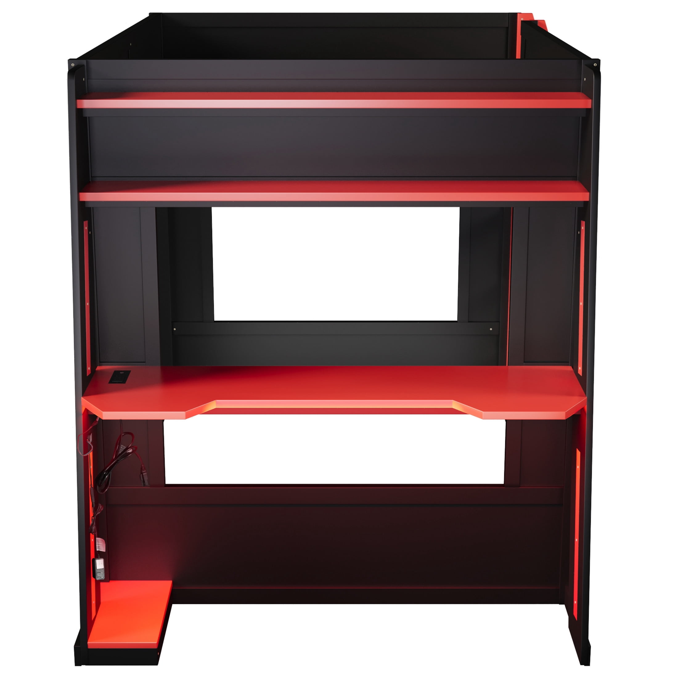 Noble House Nira Queen Gaming Bunk Bed with Desk and LED Lights, Wood Loft Bed with Charging Ports, Black and Red