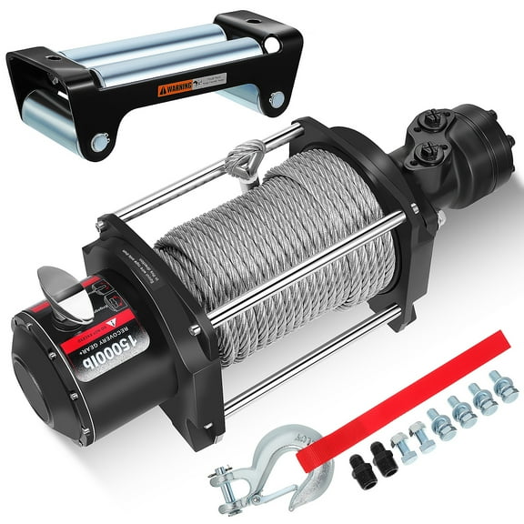 Hemoton Heavy Duty Hydraulic Winch 15000Lbs for Trailers and Trucks Black Carbon Steel