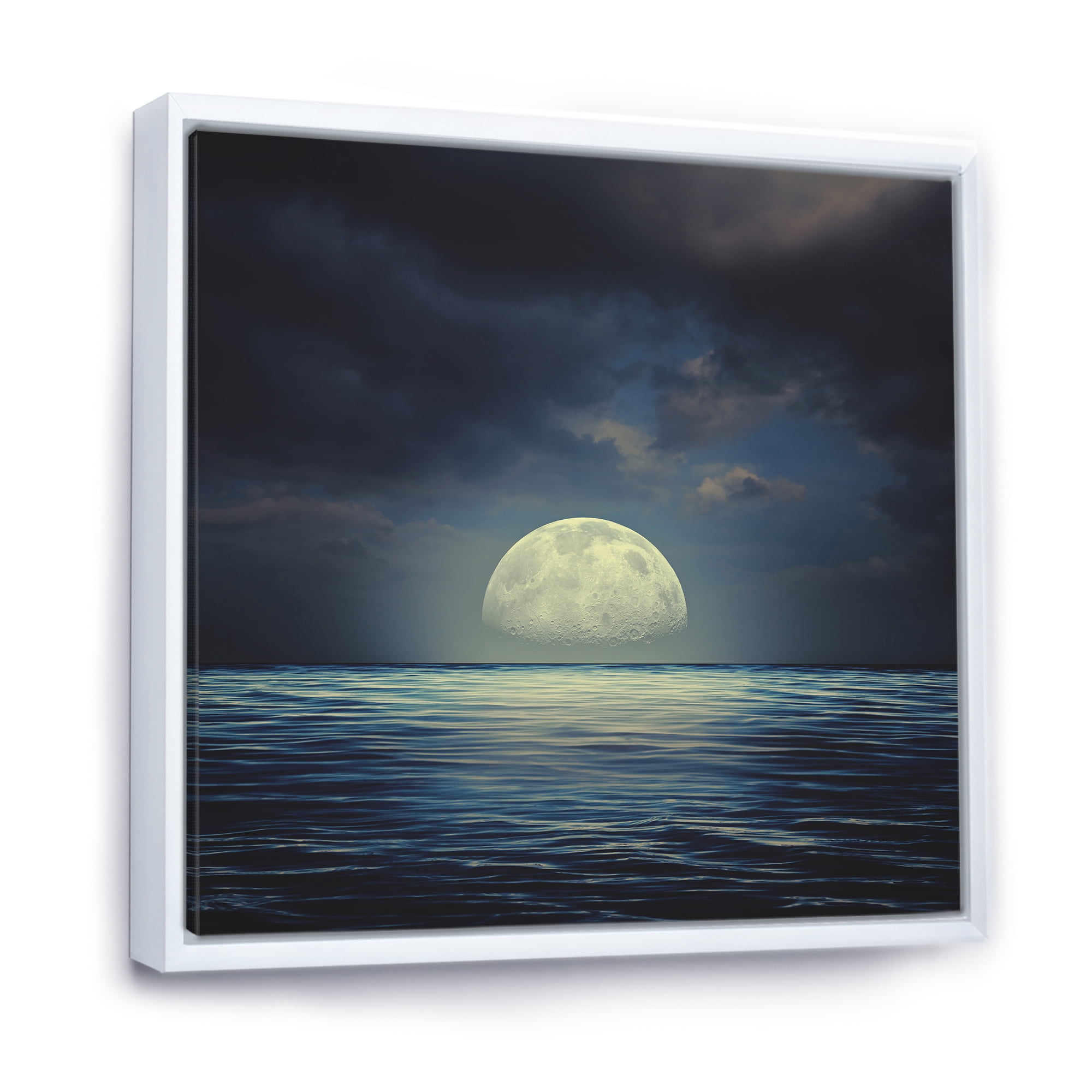 Designart 'Super Moon Over The Blue Sea' Nautical & Coastal Framed Canvas Wall Art Print