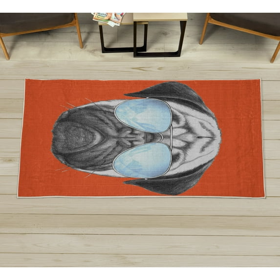 Pug Decorative Rug, Dog Portrait Mirror Sunglasses Hand Drawn Illustration of Pet Animal Funny, Quality Carpet for Bedroom Dorm and Living Room, 6 Sizes, Vermilion White, by Ambesonne