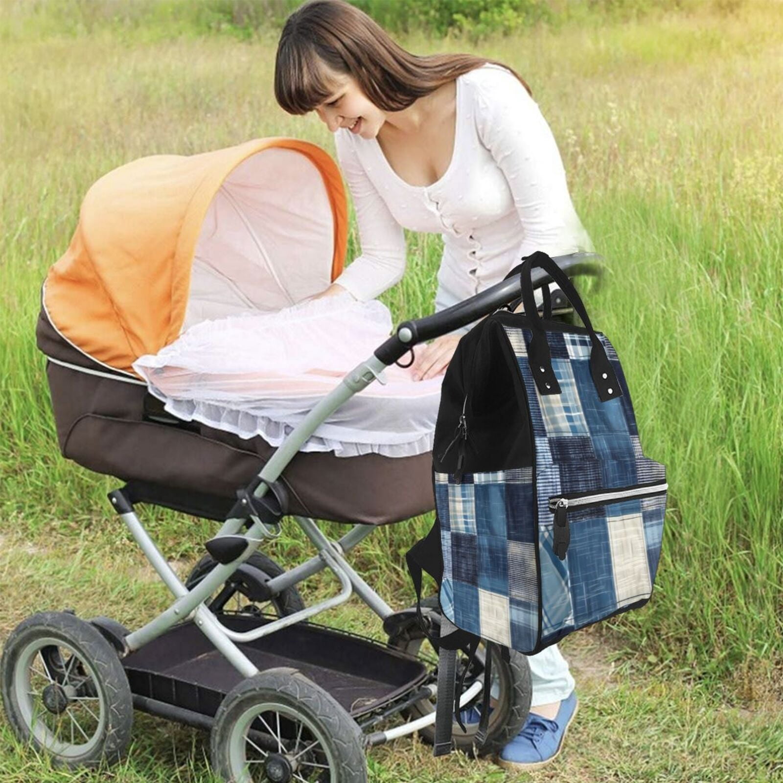 Ratiio Indigo Patchwork Quilt Mummy Backpack - Waterproof Twill Canvas, Large Capacity Diaper Bag with Multiple Pockets and Adjustable Straps