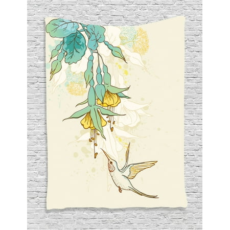Hummingbirds Decorations Wall Hanging Tapestry, Hummingbird And Tropical Flowers Summertime Stylized Exotic Plant Nature Art, Bedroom Living Room Dorm Accessories, By