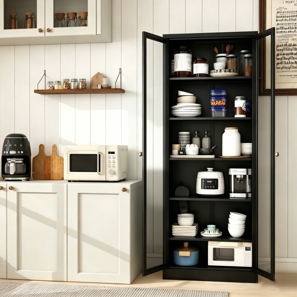 72" Tall Metal Kitchen Pantry Cabinet, Freestanding Storage Cabinet with Glass Doors, 5 Adjustable Shelves, Heavy Duty Steel Organizer for Kitchen Bathroom Pantry, Black