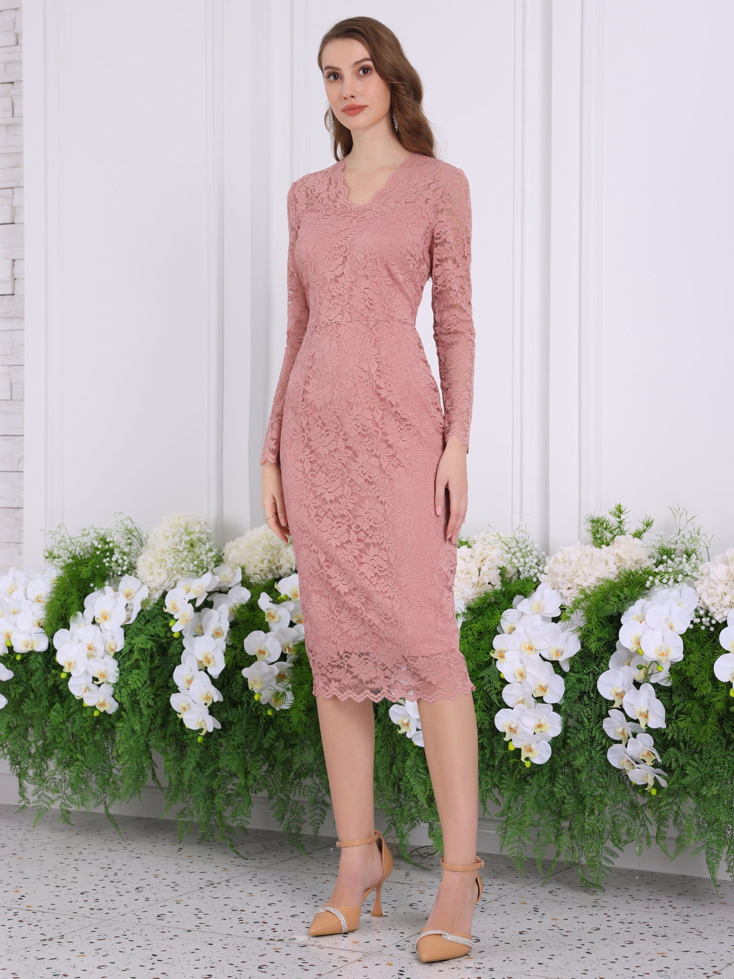 DARING DIVA Floral Lace Wedding Bodycon Pencil Dress L Pink