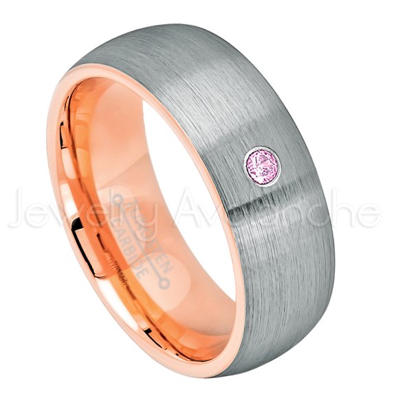 2-Tone Dome Rose Gold Inner Tungsten Ring - 0.07ct Solitaire Pink Tourmaline Ring - Personalized Tungsten Wedding Ring - Custom Made October Birthstone Ring TN737BS