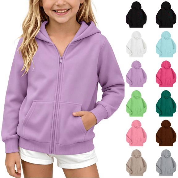 Wilark Girls Fleece Hoodies Sweatshirts Size 5-12, Long Sleeve Casual Zip Up School Kids Fall Jackets with Pockets Purple