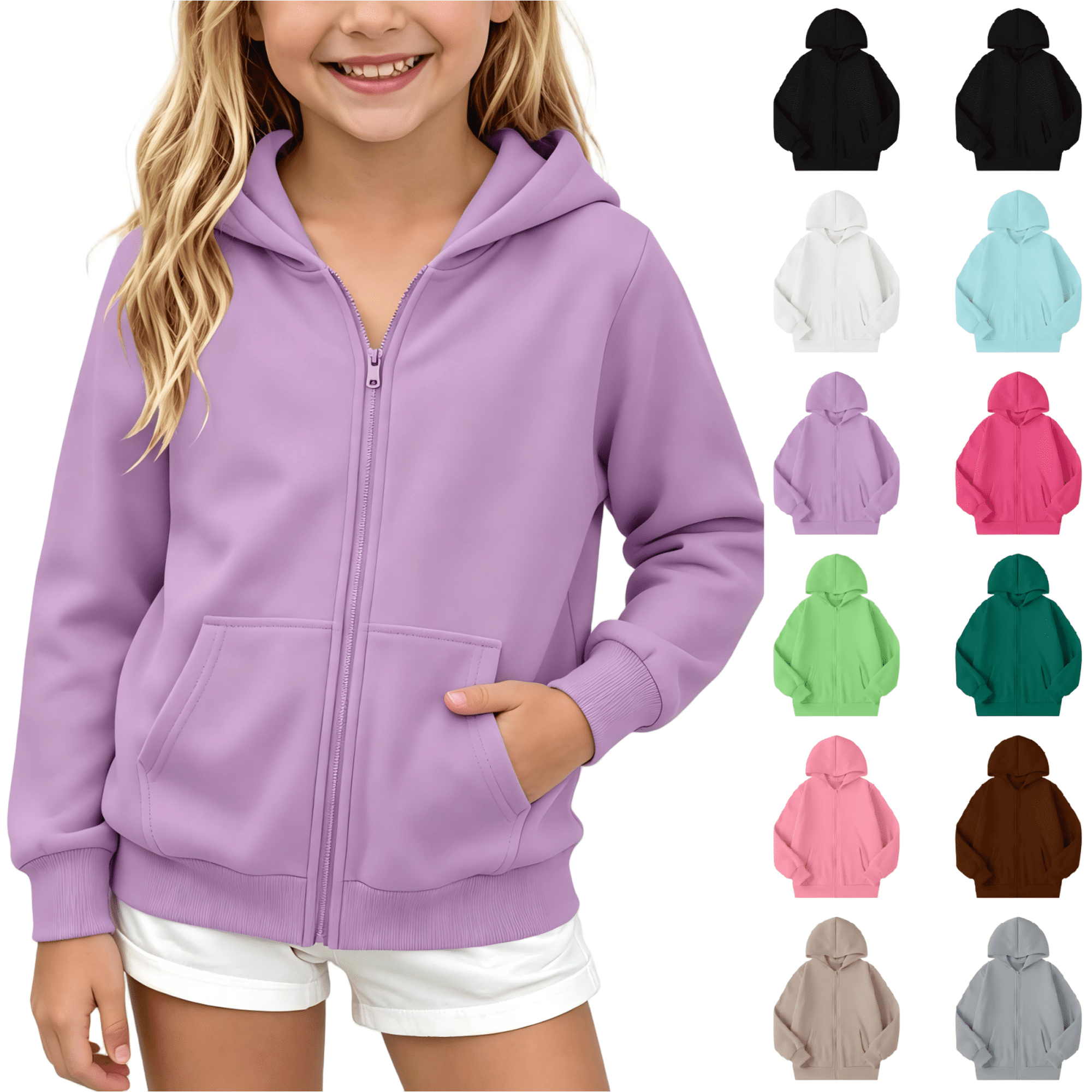 Wilark Girls Fleece Hoodies Sweatshirts Size 5-12, Long Sleeve Casual Zip Up School Kids Fall Jackets with Pockets Purple