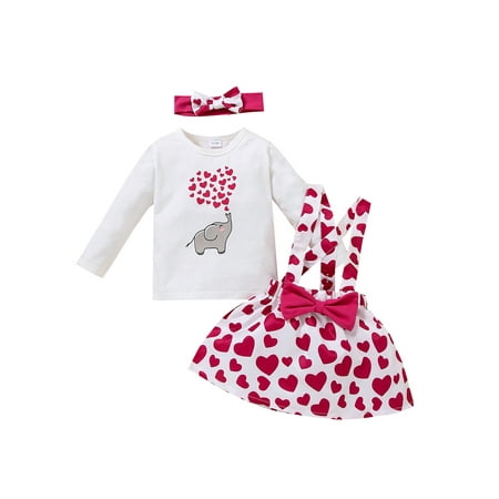 

Baby Girl 3Pcs Set Tops Skirt Suit Long Sleeve Round Neck Heart Elephant Sweater Casual Suspender Dress
