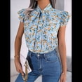 thumbnail image 4 of Blusas Bohemias de con Cuello Alto, Corta con Volantes y Estampado Floral para Mujer, Estilo Informal, Elegante, de Verano 2025. Azul L, 4 of 7