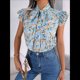 thumbnail image 4 of Blusas Bohemias de con Cuello Alto, Corta con Volantes y Estampado Floral para Mujer, Estilo Informal, Elegante, de Verano 2025. Azul XL, 4 of 7