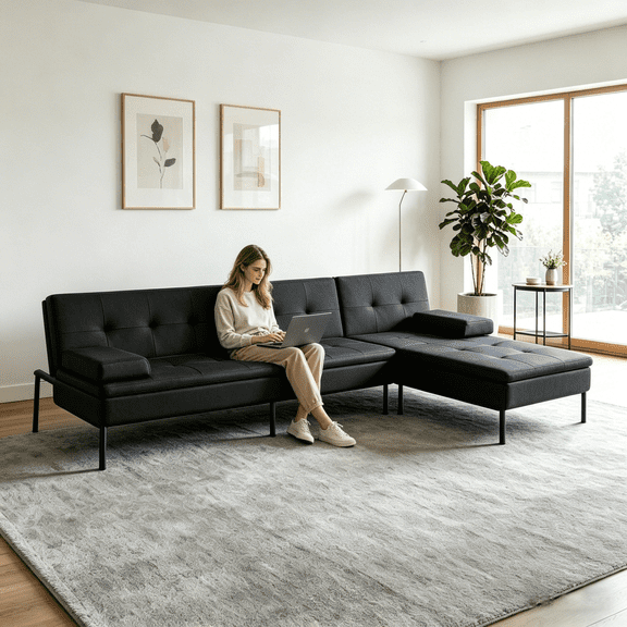 Gewnee 89.4Convertible Sectional Sofa,L-Shaped Couch with Reversible Chaise,5-Position Adjustable Backrest,Modern Futon Sleeper for Small Spaces Living Room Apartment Office,Black Iron Frame