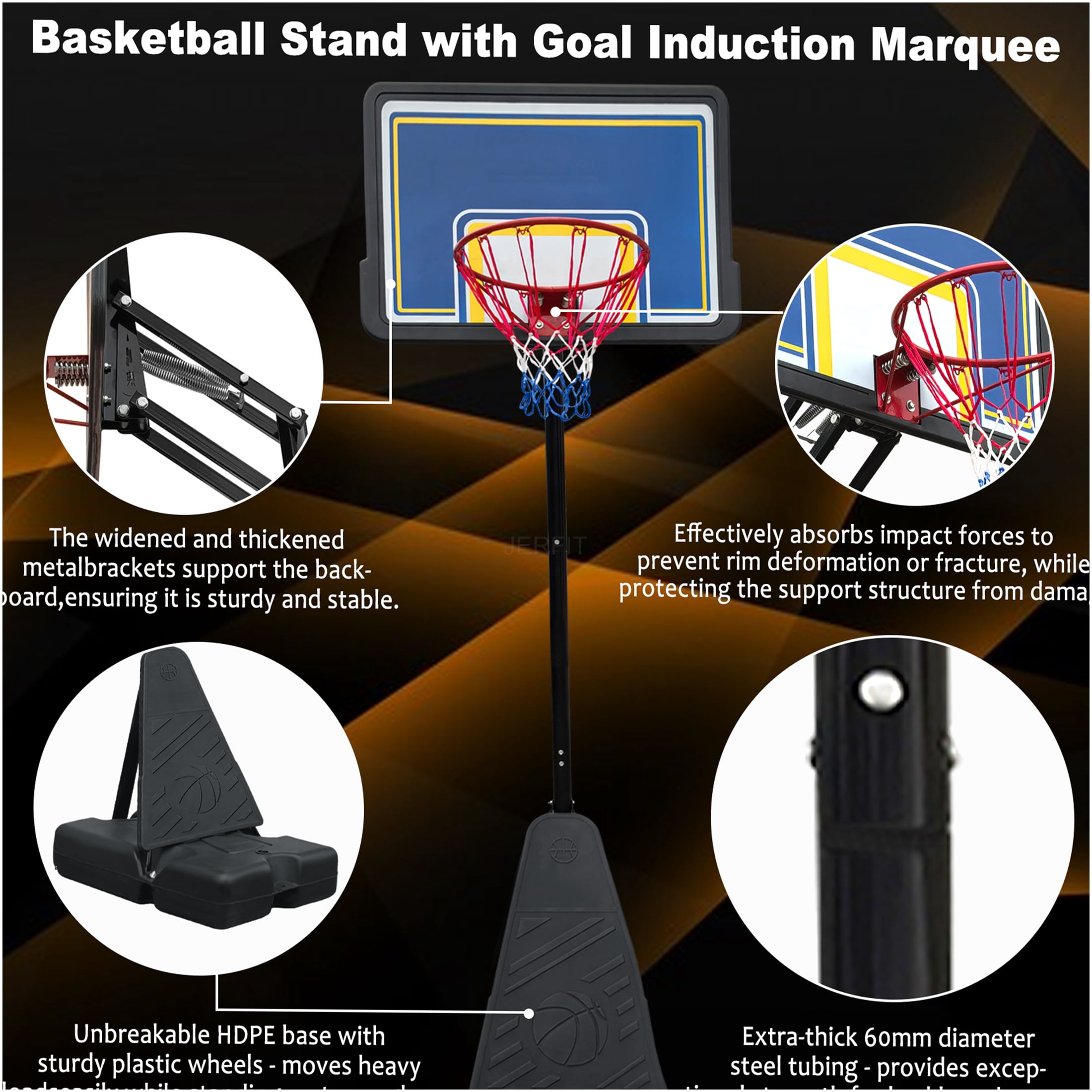 JERFIT Portable Basketball Hoop System with 39" Backboard, Adjustable Height 8-10 ft, Rebound Board, Wheels for Indoor Outdoor Use, Youth & Adults