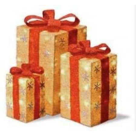 Set of 3 Tall Gold Sisal Gift Boxes Lighted Christmas Yard Set of 3 Tall Gold Sisal Gift Boxes Lighted Christmas Yard