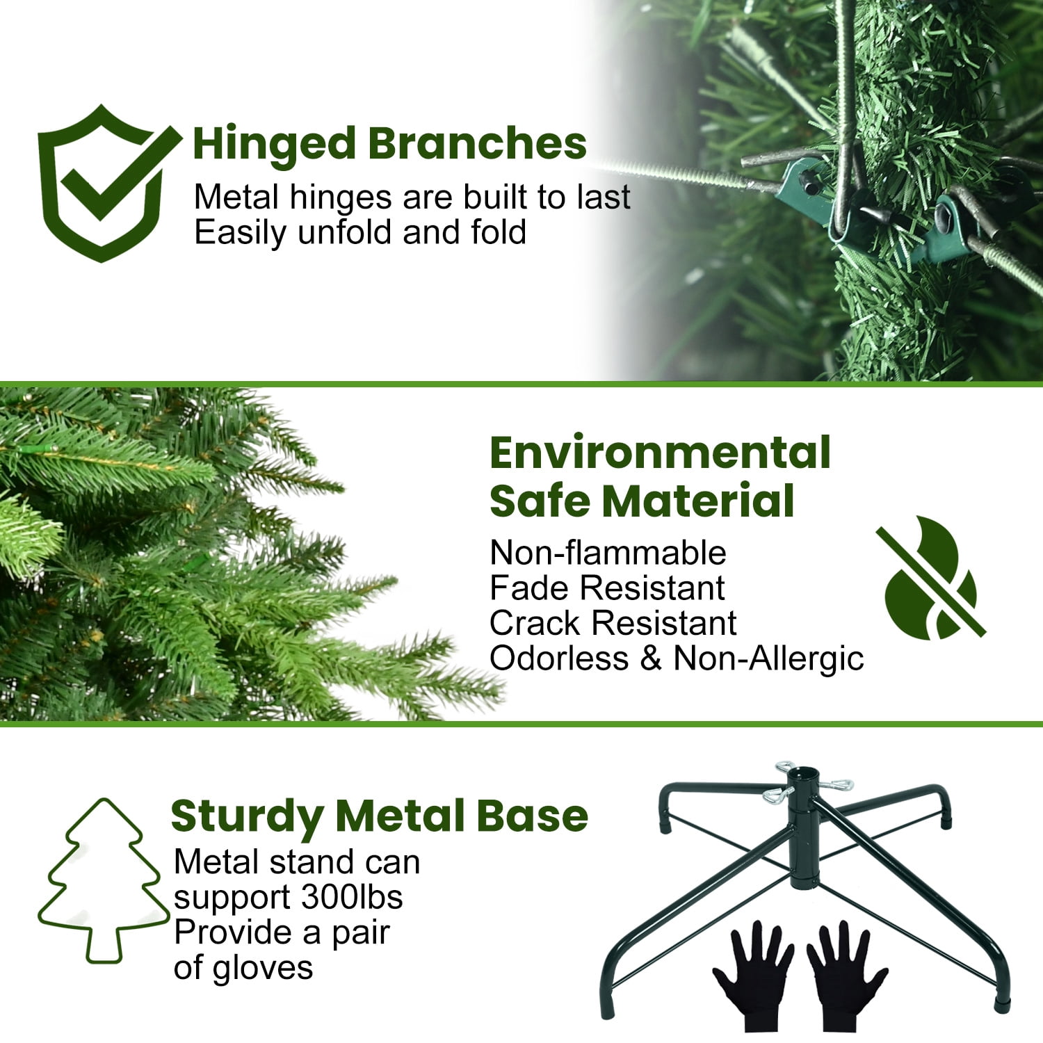 5 Ft Pre-Lit Christmas Tree with 250 Warm White LED Lights, 850 Tips Realistic PE+PVC Hinged Tree with Metal Stand, Full Artificial Xmas Tree for Holiday Decoration